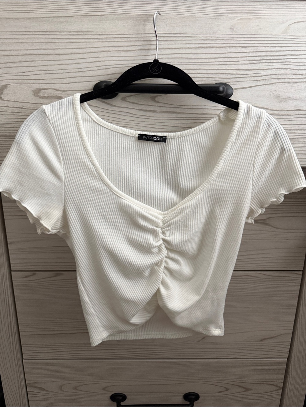 Papermoon Cream Ribbed Ruched V-Neck Crop Top